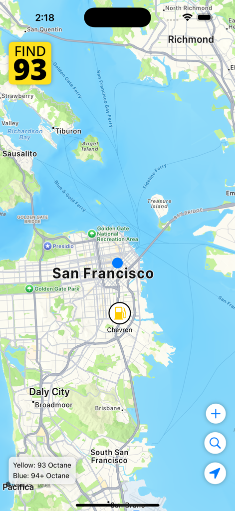 Find93 - Find93 app map interface showing gas stations with 93 octane fuel in San Francisco