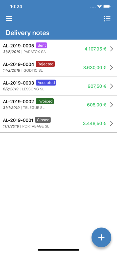 Contasimple – Invoices - Interface móvel do aplicativo Contasimple exibindo uma lista de notas de entrega com rótulos de status como enviado, aceito e faturado