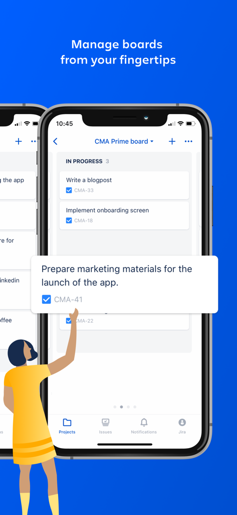 Pantalla de iPhone que muestra el tablero de la aplicación Jira Data Center con tareas en progreso y una tarjeta de materiales de marketing.