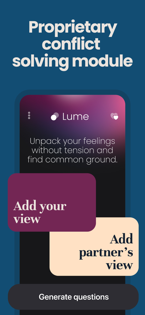 Valentines Day Games for Two - Lume app interface for a proprietary conflict solving module featuring tools to unpack feelings and find common ground.