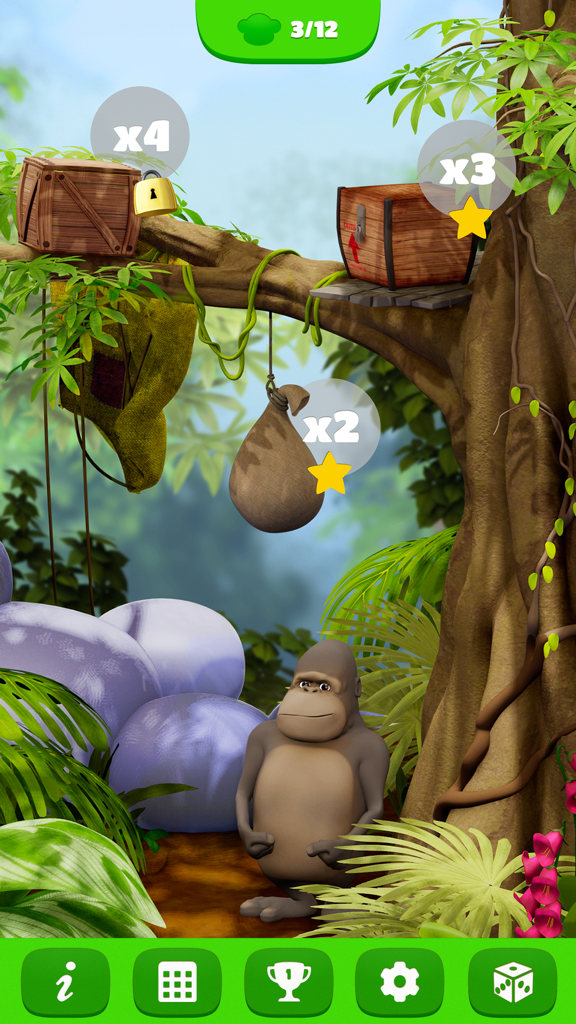 Jungle themed game screen from 10monkeys Multiplication featuring a gorilla and math level icons