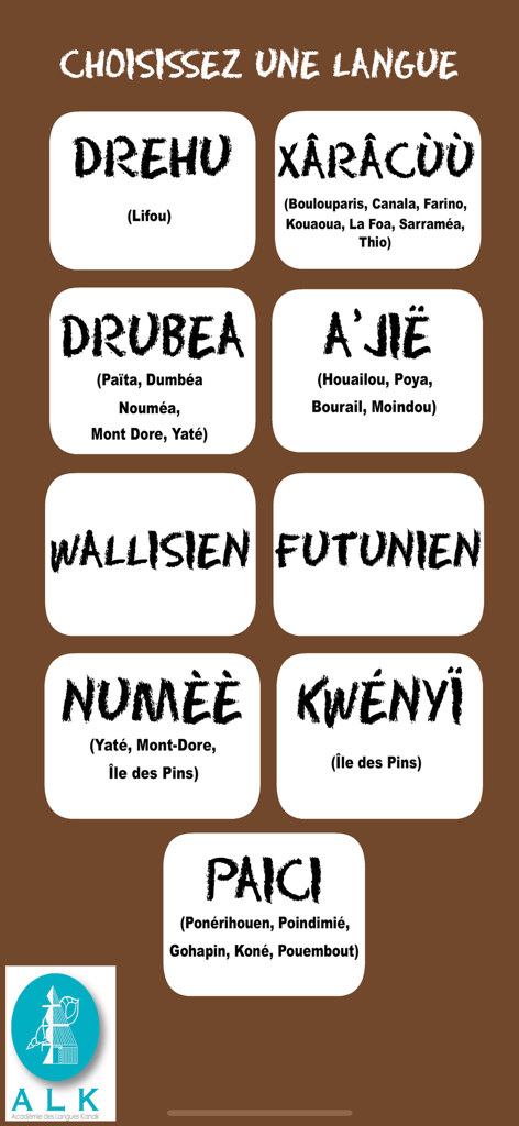 A language selection screen from the Traducteur ALK app featuring various New Caledonian and Polynesian languages like Drehu and Wallisien.
