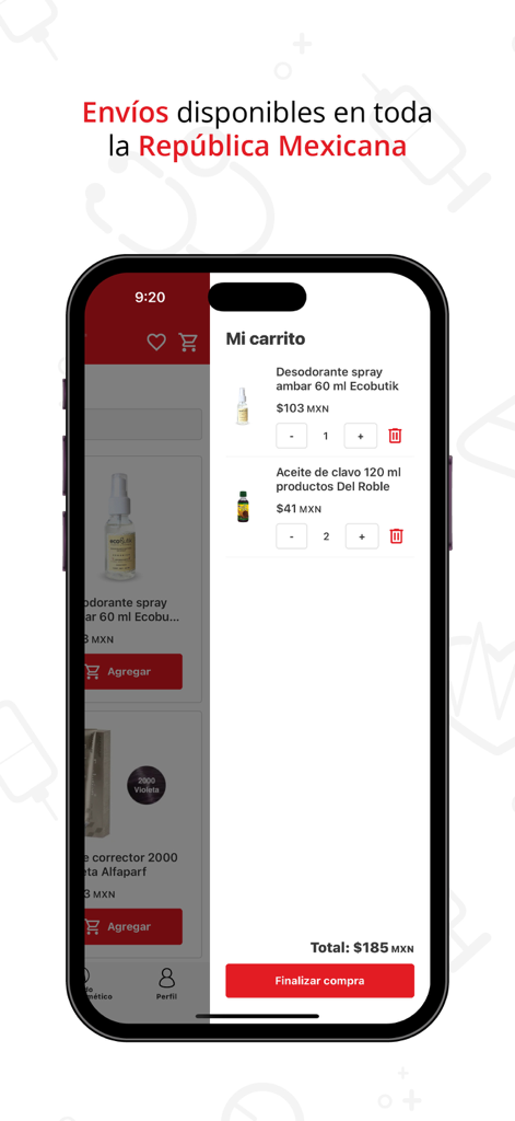 Écran du panier d'achat de l'application mobile Farmacia Paris montrant des produits de santé et des informations de livraison pour le Mexique