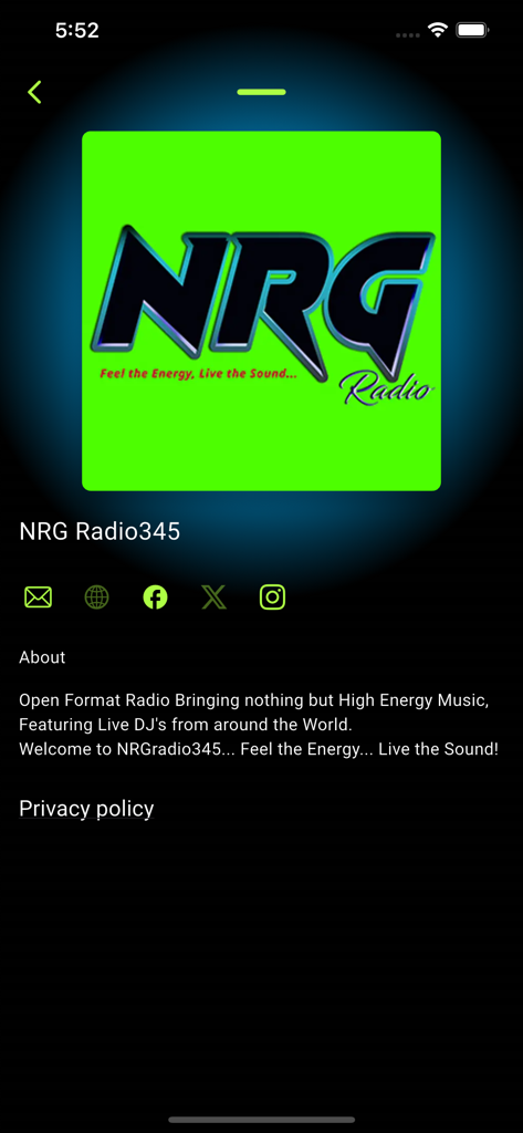 NRGradio345 - Pantalla de información de la aplicación NRGradio345 mostrando el logo y la descripción de la estación