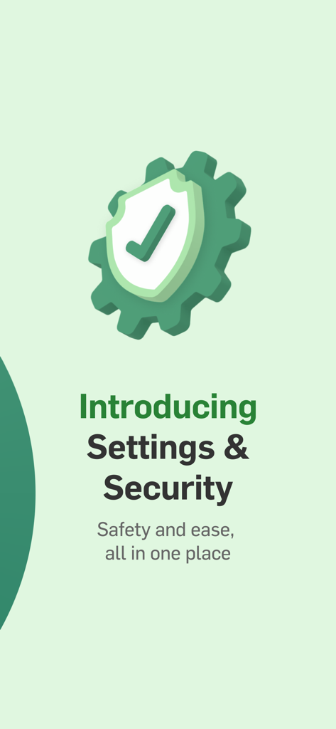 Introduction screen for Settings and Security in the Hang Seng Personal Banking app featuring a shield and gear icon