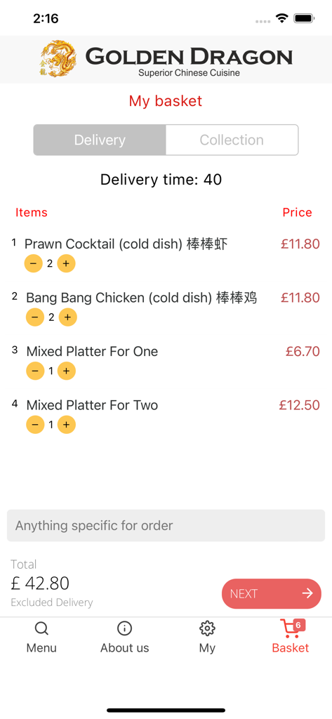 Cesta de la compra de la aplicación Golden Dragon Truro que muestra los artículos de comida y el total del pedido