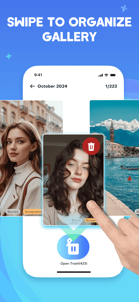 Una mano deslizando una foto borrosa hacia un icono de papelera para limpiar la galería del teléfono móvil