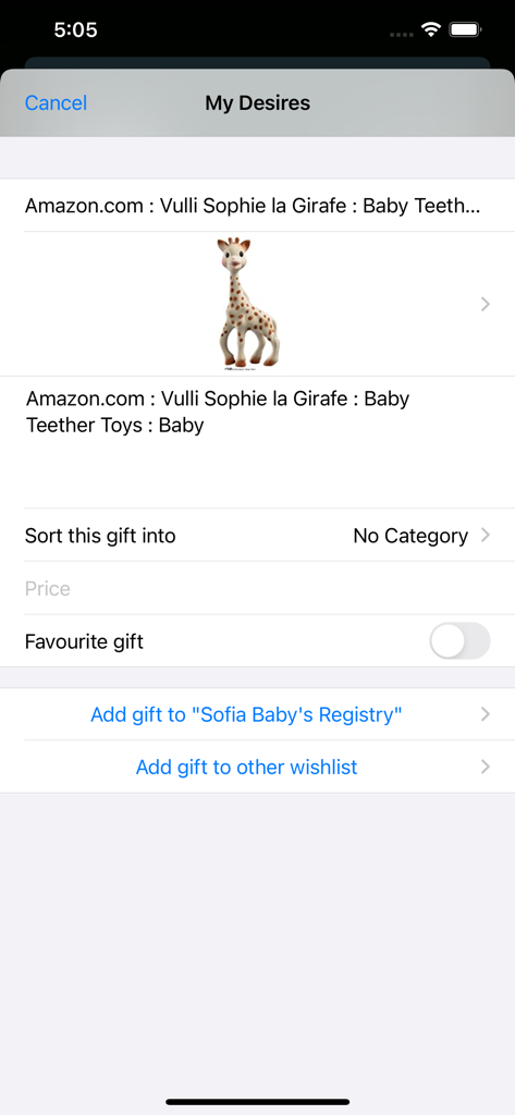 Adding a baby teether to a gift registry in the My Desires app