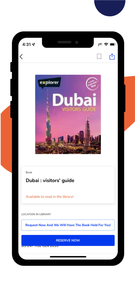 MBRL - Tela mostrando detalhes do livro para o guia de visitantes de Dubai com um botão reservar agora no aplicativo MBRL.