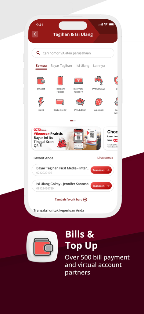 OCTO by CIMB Niaga - OCTO by CIMB Niaga Mobile-App-Bildschirm für Rechnungszahlungen und Aufladungen von E-Wallets