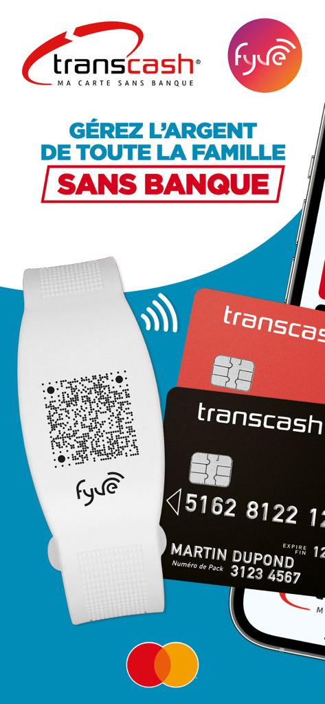 Tarjetas prepagadas Transcash Mastercard y pulsera de pago contactless Fyve mostrando gestión financiera familiar sin un banco tradicional