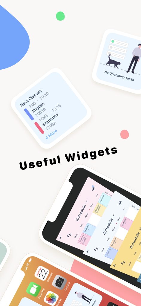 Aplicación Schooly que muestra widgets personalizables para horarios de clases y tareas en la pantalla de inicio de un iPhone