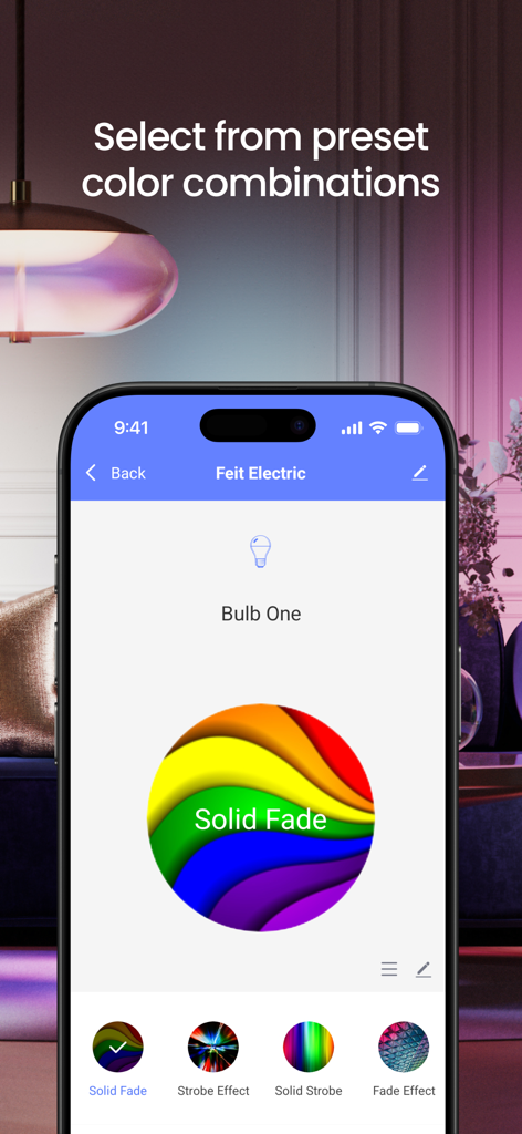 Feit Electric mobile app screen showing preset color effects and lighting combinations for smart bulbs.