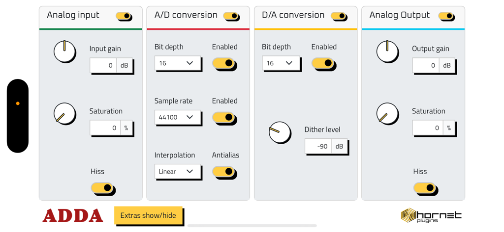 HoRNetADDA - User interface of HoRNetADDA showing vintage ADC and DAC conversion controls