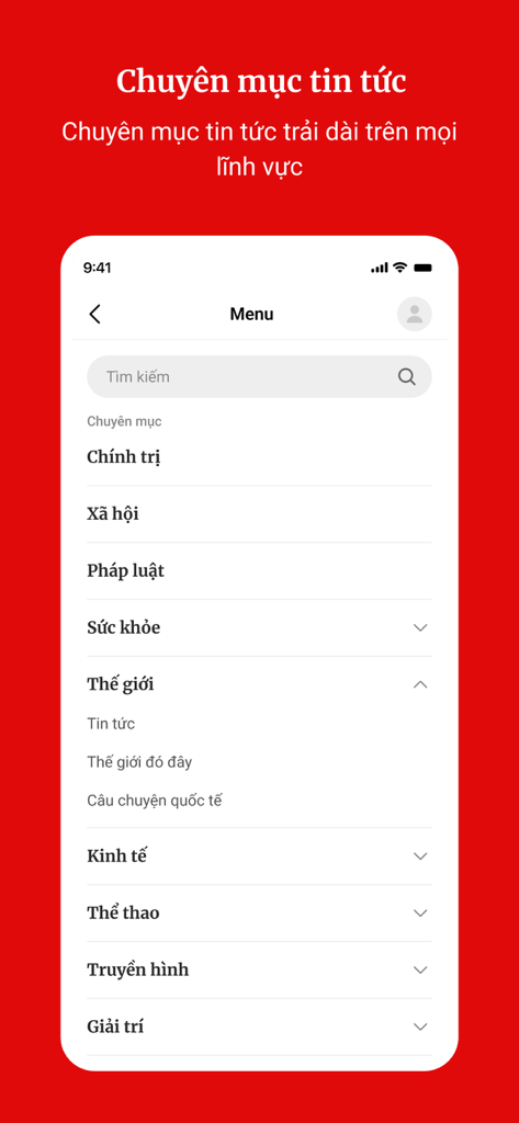 VTV Onlineアプリのメニュー。政治や世界のニュースなど、ベトナム語の多様なニュースカテゴリーが表示されています。