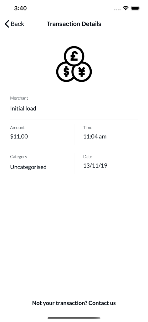 The Card Network - The Card Networkアプリの取引詳細画面。デジタル報酬の初期ロードとして11ドルが表示されています