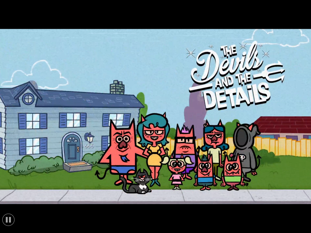 Écran titre du jeu The Devils and the Details avec une famille de diables rouges dessinés devant une maison de banlieue.