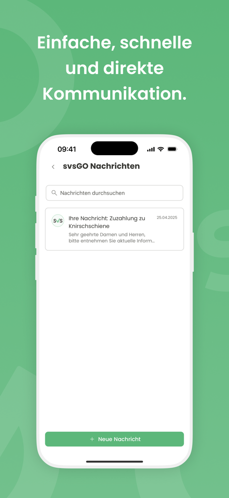 Screenshot of the svsGO app showing the secure messaging interface for direct communication with insurance services
