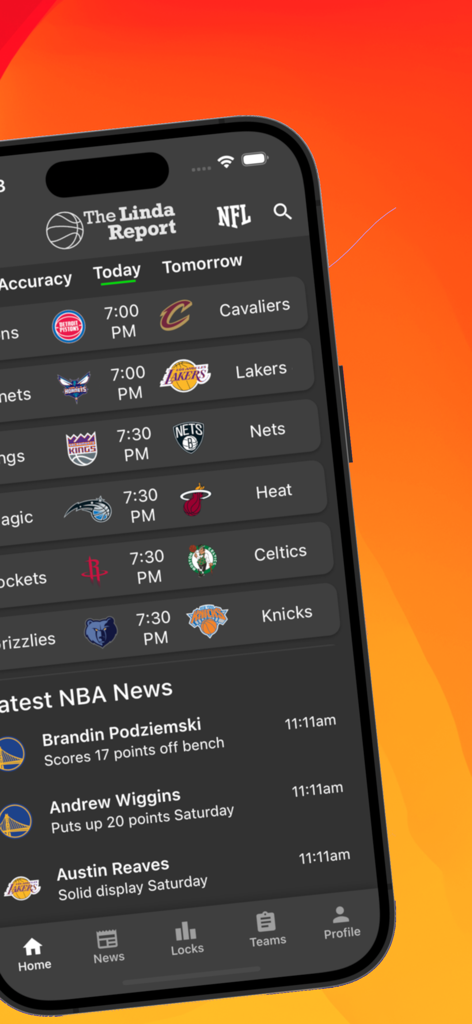 Dashboard of The Linda Report app displaying NBA game schedules and latest basketball news