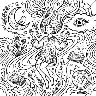Embark on a tranquil coloring adventure with this stunning dreamlike self-portrait, rich with surreal and celestial imagery. This intricate design invites you to explore your subconscious and express your creativity through vibrant colors.