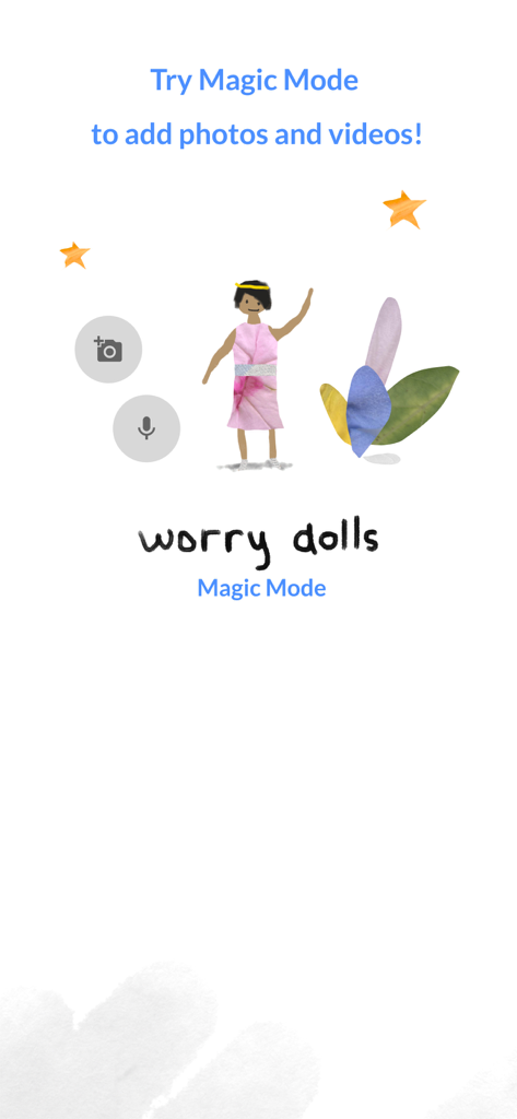 A hand drawn doll illustration on a screen promoting the Magic Mode feature to add photos and videos