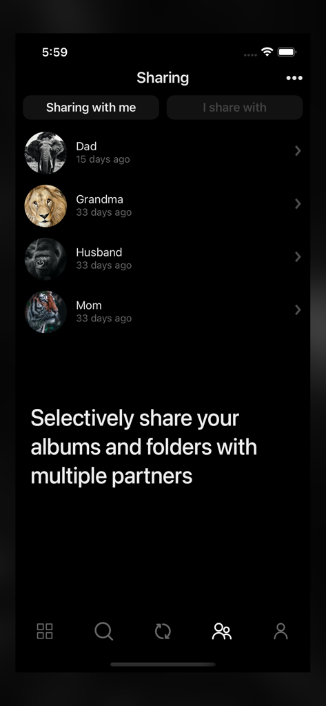 Photos+ Cloud Library - Sharing screen in the Photos Plus app showing a list of partners and the option to selectively share albums