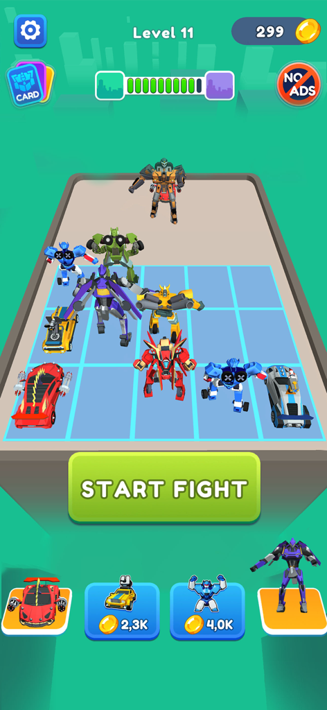 Merge Robot Master: Car Games - gameplay screen showing various colorful robots and cars on a grid with a start fight button