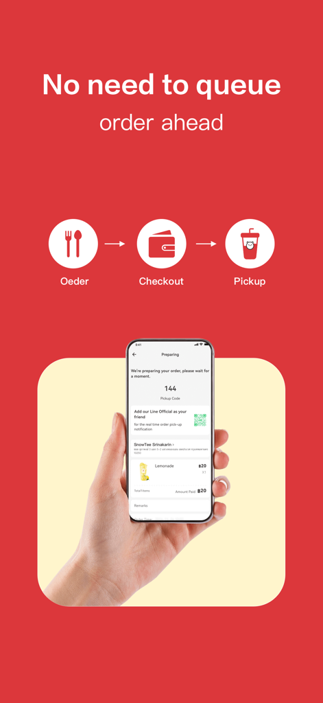 SNOWTEE - Smartphone screen showing the Snowtee app order status and pickup code for skipping the queue.