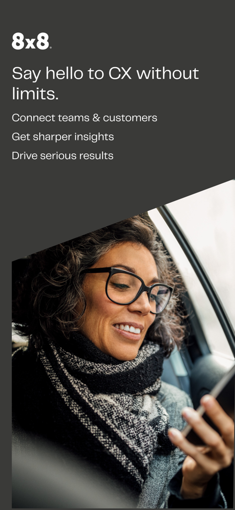 A professional woman using her smartphone in a vehicle with text promoting 8x8 Work customer experience