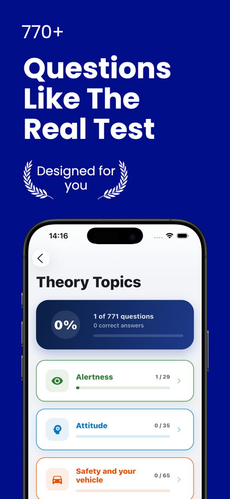 Driving Theory 2026 Test Kit - Interface do aplicativo Teoria de Condução 2026 mostrando tópicos de teoria como Alerta e Atitude com acompanhamento de progresso