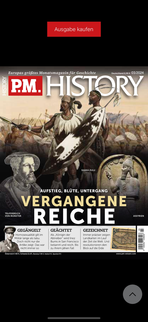Cover of P.M. History magazine featuring Shaka Zulu and the headline Vergangene Reiche