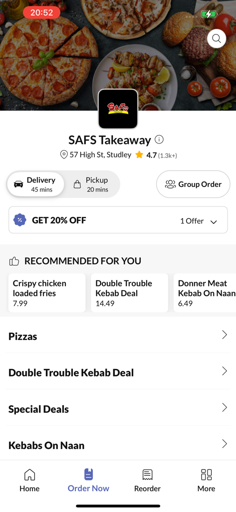 SAFS Takeaway Studley. - Pantalla de inicio de la aplicación SAFS Takeaway Studley con menú de comida y detalles de entrega.
