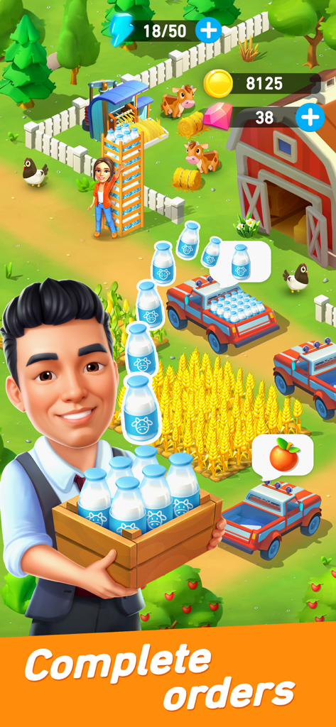 Goodville: Farm Game Adventure - A male character holding a crate of milk bottles on a farm with cows and delivery trucks for fulfilling orders in Goodville.