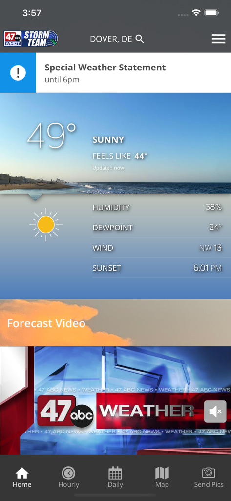 The 47abc Weather app home screen displaying a sunny forecast for Dover Delaware with a special weather statement and local video forecast.