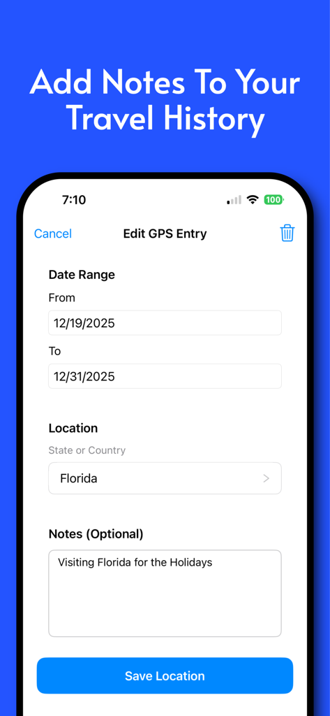 iReside - Residency Tracker - Interface for adding notes to travel history in the iReside residency tracker app