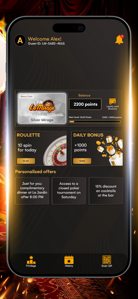 カジノ・ル・ミラージュアプリのダッシュボード。シルバー・ミラージュのロイヤルティステータス、ポイント残高、毎日のボーナスが表示されている