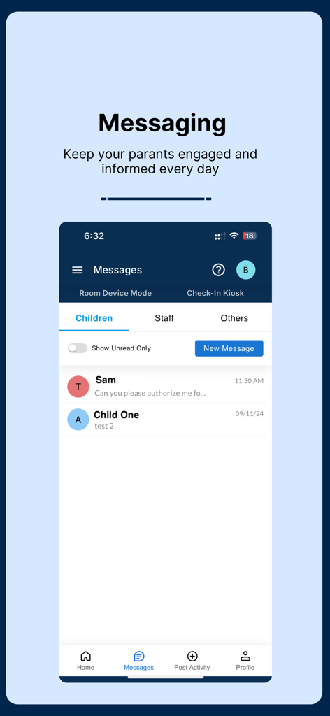 My Kid Reports Childcare App - Screenshot of the messaging feature in My Kid Reports app for childcare providers and parents