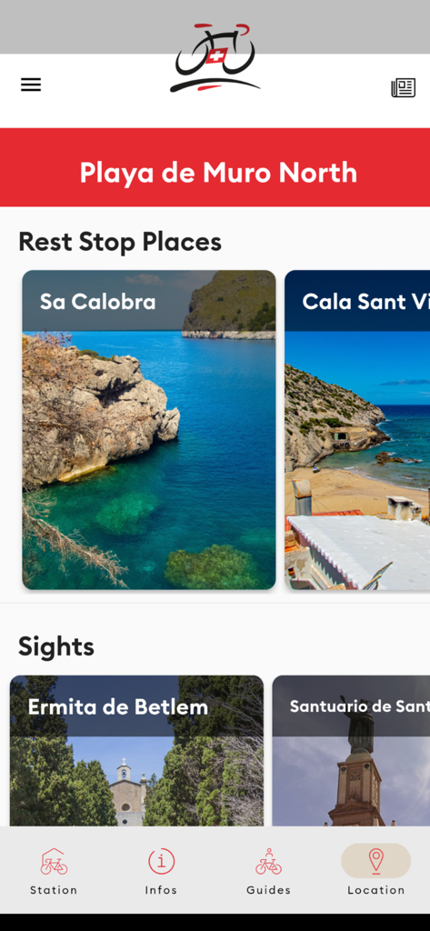 Huerzeler - Huerzeler mobile app screen displaying rest stops and sights for cyclists in Mallorca