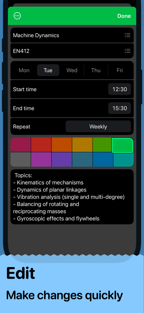 머신 다이내믹스라는 수업의 편집 화면을 보여주는 학생 시간표 앱의 인터페이스