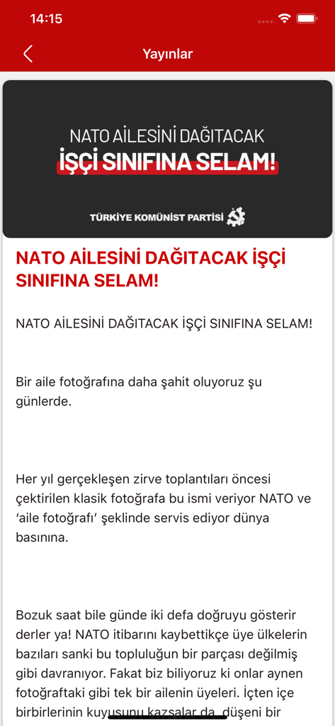 TKP - Ein Bildschirm, der eine politische Veröffentlichung aus der TKP-Mobil-App zeigt