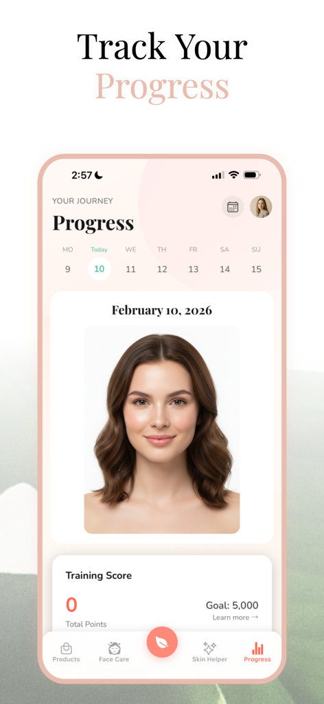 GlowLift: Face Yoga & Skincare - GlowLift mobile app interface showing a progress tracking screen with a calendar and a user portrait