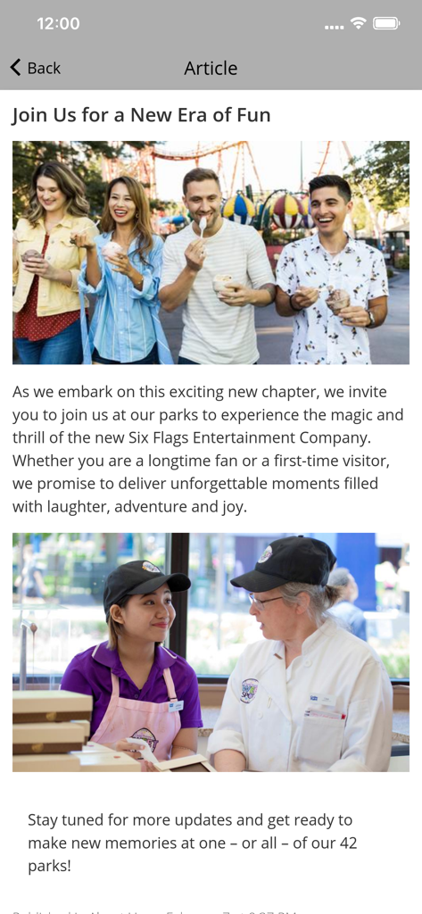 The FUNHub - Article screen in The FUNHub app titled Join Us for a New Era of Fun featuring photos of park guests and employees
