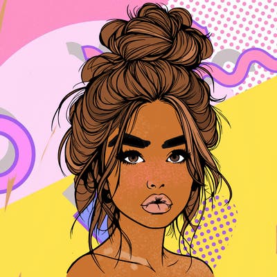 realistic girl with a messy bun and she has lips