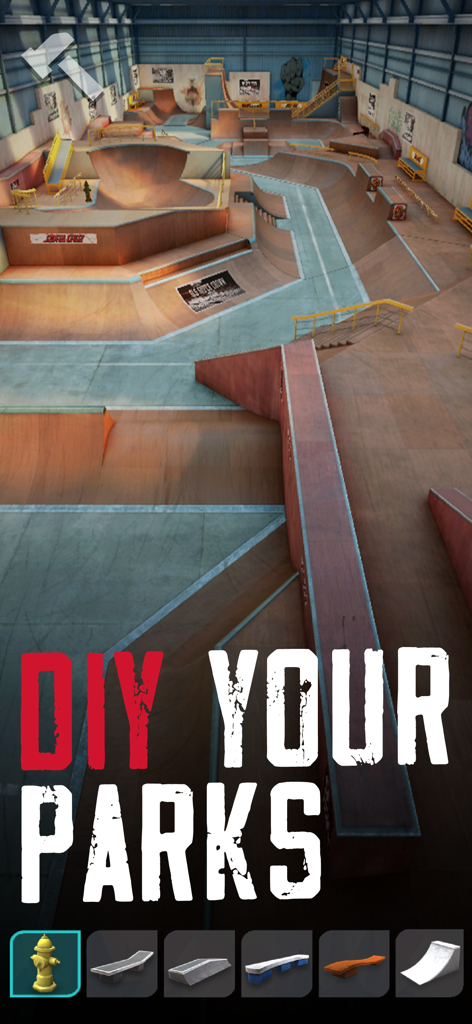 True Skate - Uma visão ampla de um skatepark interno personalizado no True Skate com a interface do editor de parque DIY e várias rampas e objetos exibidos.