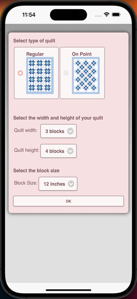 Quilt Pattern Creator - Mobile app screen for configuring quilt style and dimensions