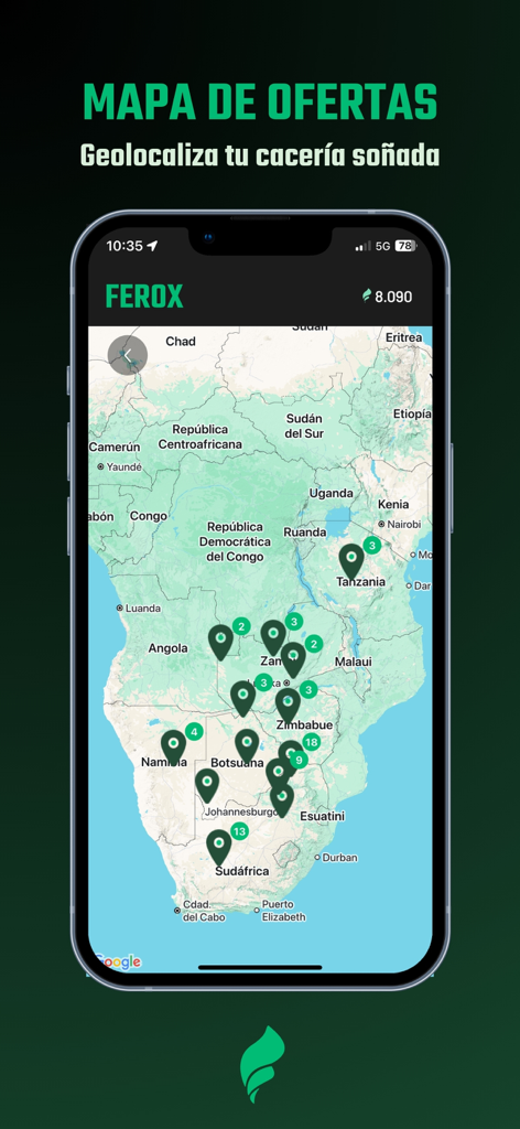 Ferox - Your Hunting App - Pantalla de smartphone que muestra la aplicación de caza Ferox con un mapa de África que muestra pines de geolocalización verdes para oportunidades de caza