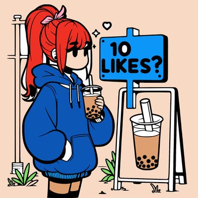 girl with oversized hoodie drinking boba and she has a high ponytail with a sign that says 10likes?