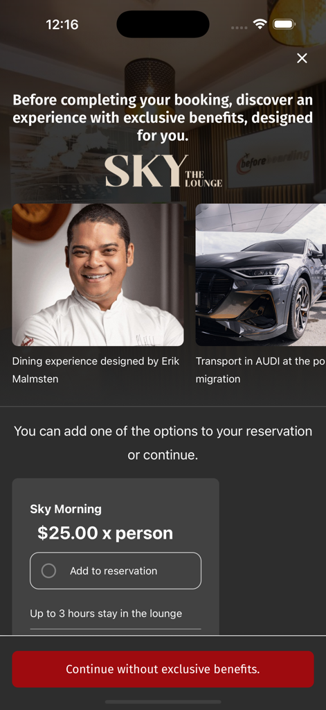 BeforeBoarding - Pantalla de la aplicación BeforeBoarding que muestra opciones de reserva de salas VIP que incluyen gastronomía gourmet y transporte de lujo para viajeros en República Dominicana.