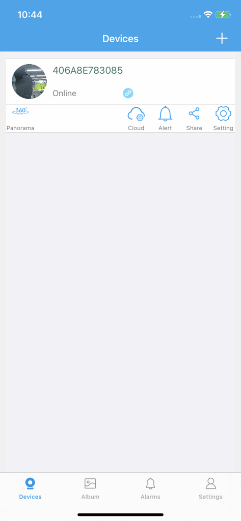 Interfaz de la aplicación 360Eyes que muestra una lista de cámaras conectadas y opciones de gestión de dispositivos