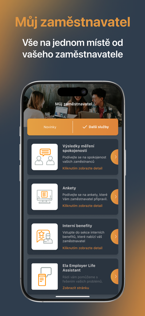Interface do aplicativo Muj Up mostrando módulos de benefícios de funcionário e pesquisas.